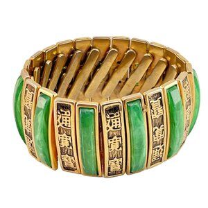 Expansion Cuff Green Marbled Bracelet, Good Luck Symbols, Lucite, Vintage, Mid C